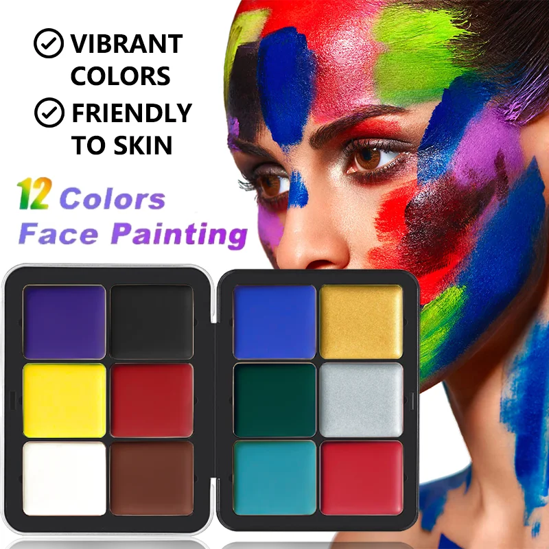12 Color Face Body Paint Palette High Pigment Cream Face Painting Kit Halloween Clown Zombie Cosplay Festival Party Makeup