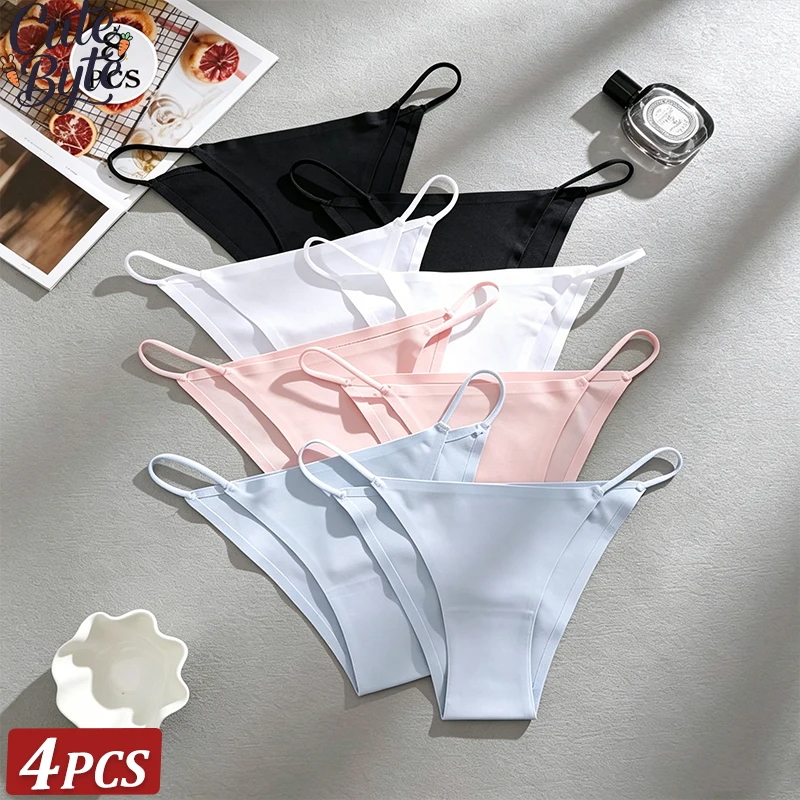 4PCS/Set Seamless Thin Strap Thong Underwear Women Low Rise Briefs Ice Silk Comfortable Panties Multi Color No Trace Lingerie