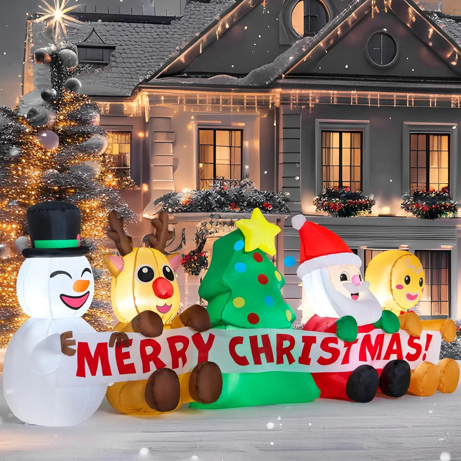 8 FT Long Christmas Inflatable Decoration Four Xmas Characters and Christmas Tree Blow Up Inflatables Decor with Build-in LEDs for Xmas Party Snowman Reindeer Santa Gingerbread Man Outdoor Decor