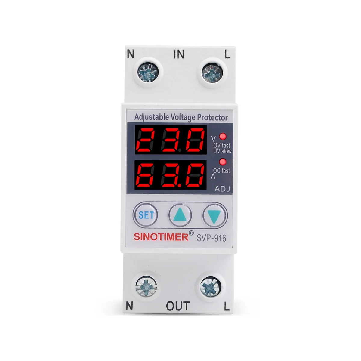 SINOTIMER Home Usage Dual LED Display 63A Din Rail 230V Adjustable Voltage Surge Protector Relay with Limit Current Protection