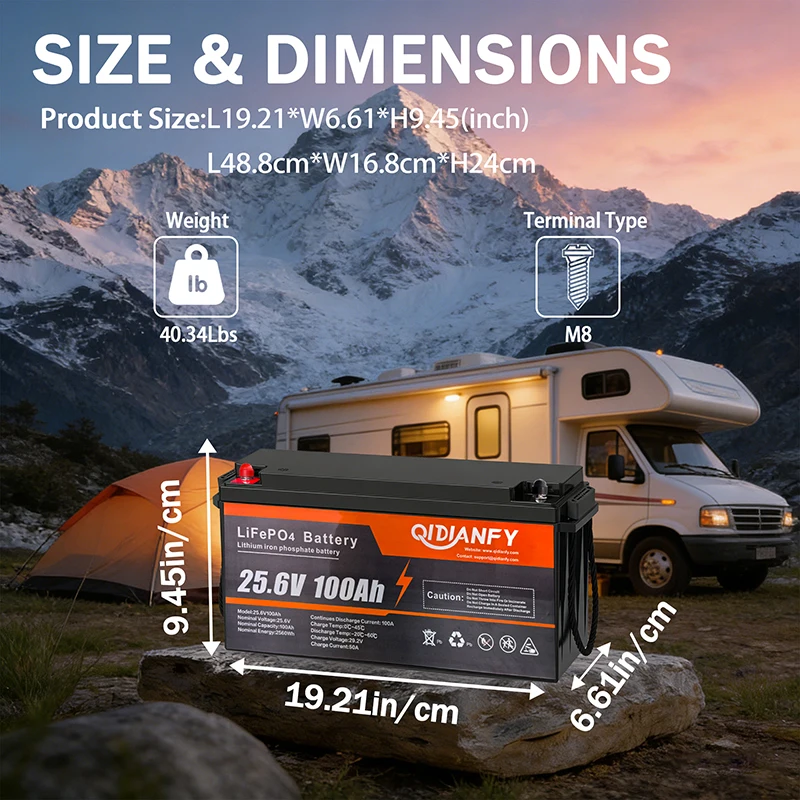 Qidianfy 25.6V 100Ah LiFePO4 Battery Built-in 100A BMS 2560Wh Rechargeable Lithium Iron Phosphate Battery for RV Solar Off-grid Storage