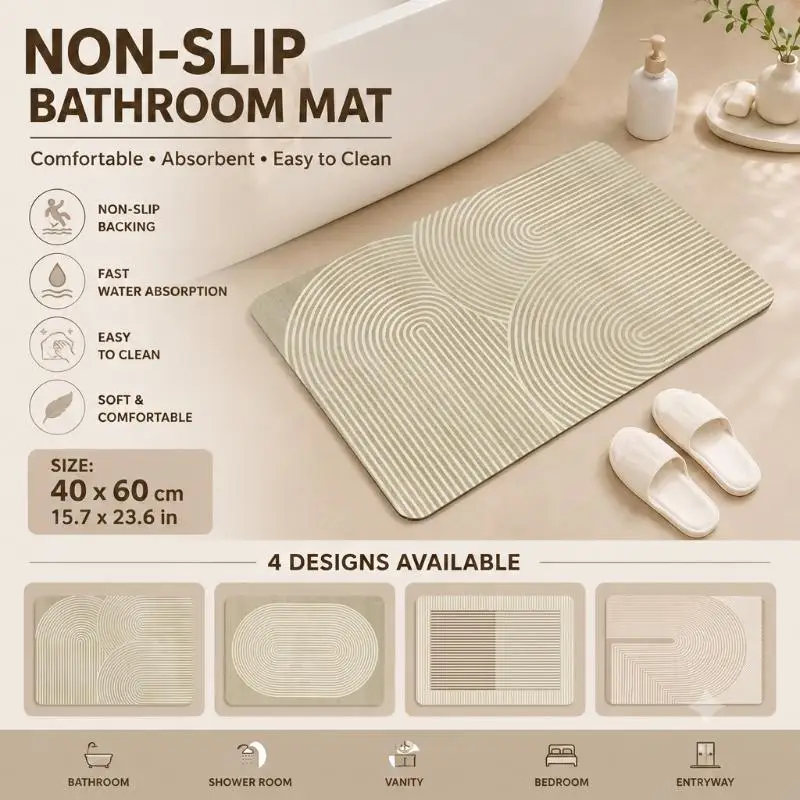 Diatomite Bath Mat Quick Dry Absorbent Beige Striped Non-Slip Backing for Bathroom Door Entry Shower Floor