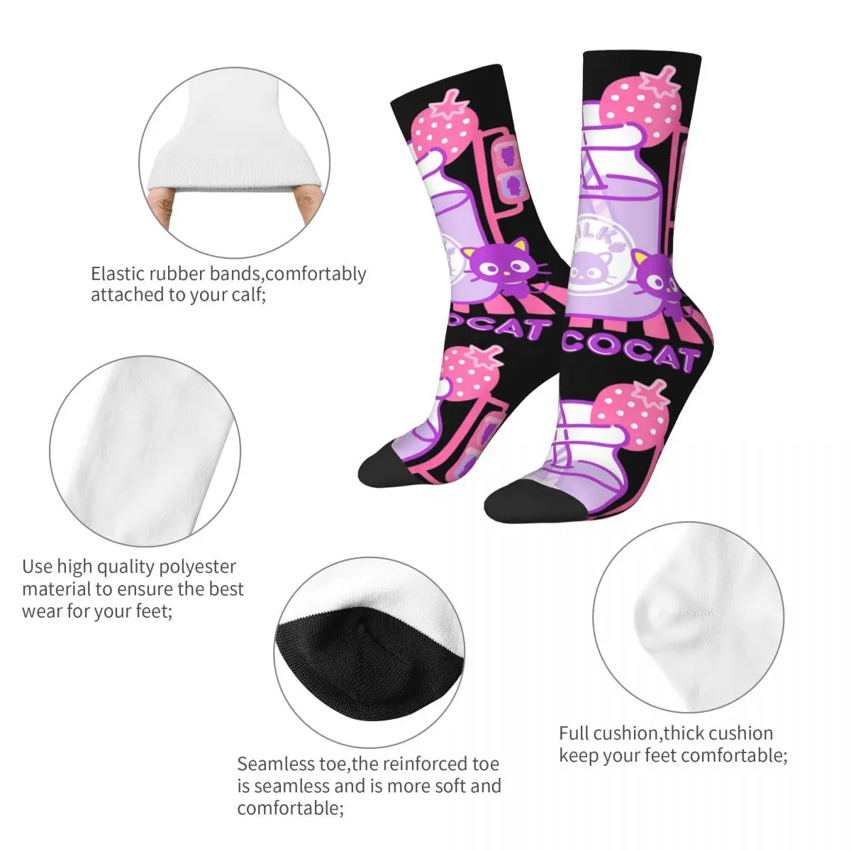 Fashion Chococat Strawberry Milk Skateboard Socks Polyester Crew Socks for Women Men Breathable