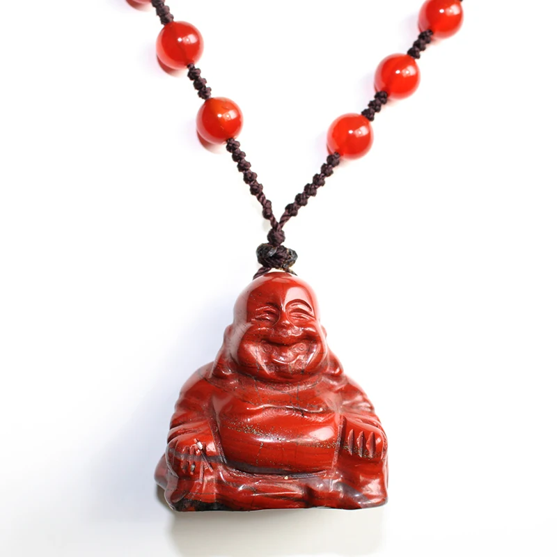 Unit One Piece Natural Red Jasper Gemstone Crystal Laugh Buddha Carving Necklace Pendant With Natural Agate Bead Chain