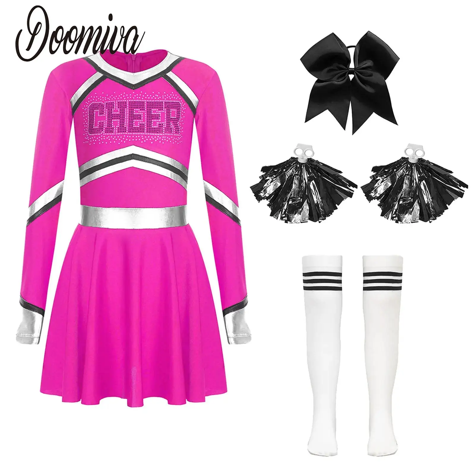 

Girls Cheerleading Uniforms School Cheer Dance Outfit Cheerleader Costume Cheerlead Long Sleeve Dancing Dress Flower Balls Socks