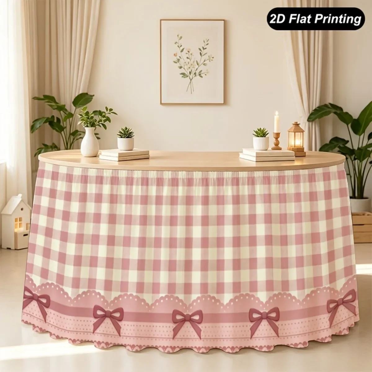 1 PC party table skirt, pink checkered bow table skirt, gentle and sweet style tablecloth table skirt