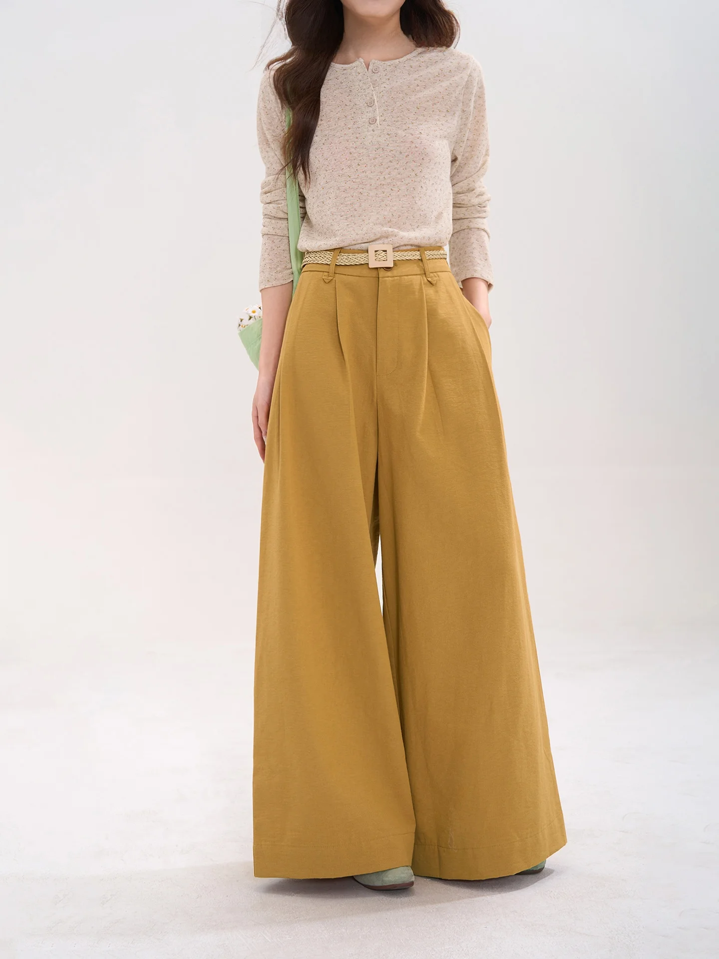 

Модные повседневные брюки с высокой талией, прямые, плиссированные, женские широкие брюки, весна-лето, из смесового хлопка, в корейском стиле