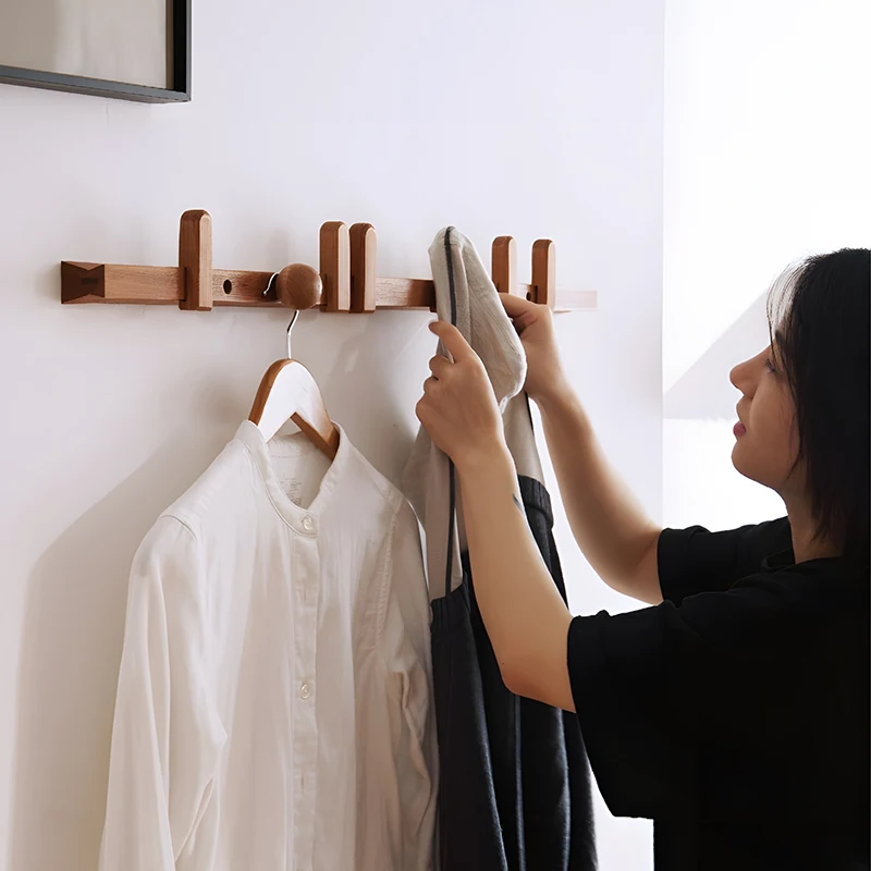 Wall-Mounted Sliding Coat Rack Expandable Entryway Organizer with 4 Hooks Rustic Wood Shelf for Bags/Hats No-Drill Installation