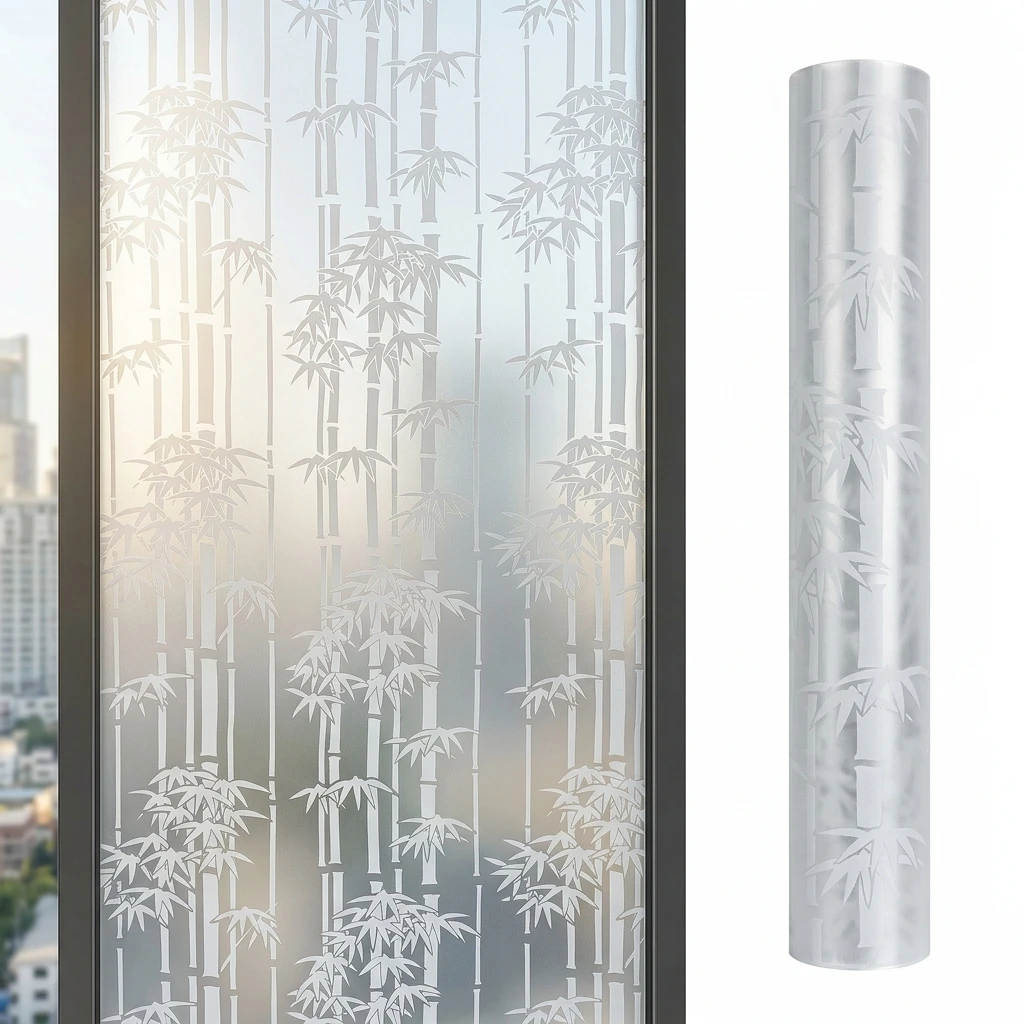 Elegant Vertical Bamboo Silhouette Window Film Self-Adhesive Frosted Privacy Protection Waterproof Oil-Proof Anti UV Heat