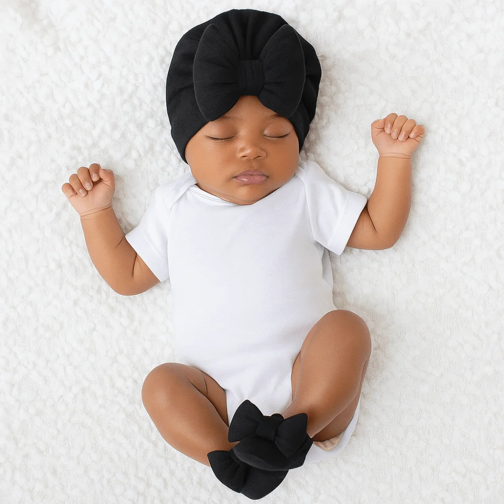 Cotton Knit Baby Hat Socks Set Big Bowknot Elastic Baby Bow Fetal Cap 0-12 Months Warm Newborn Turban Hat Home/Outdoor