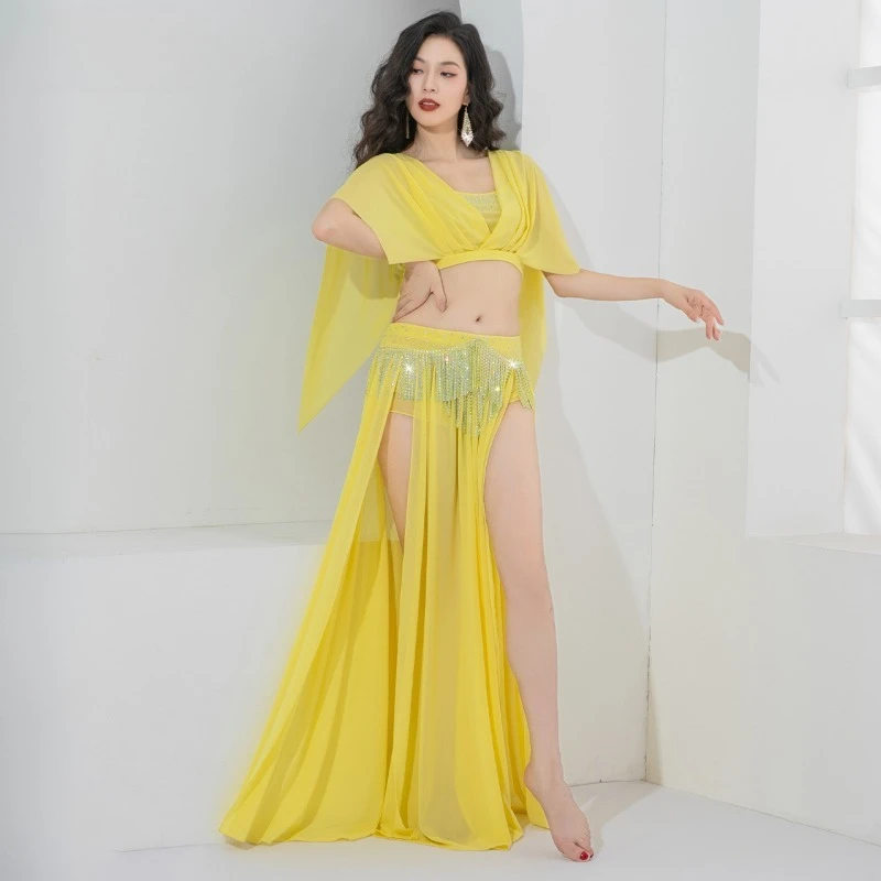 Costumi di danza del ventre personalizzati Colletto profondo con piega a V Top Gonna con nappe forate a caldo Abito da spettacolo per pratica di danza orientale in rete