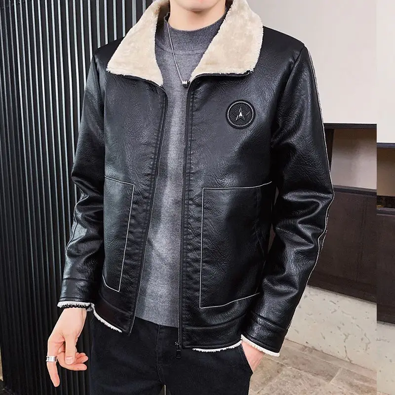 Youth Leather Jackets Fashion Korean Slim Fit Plush Thicken Casual PU Leather Coats Solid Turn-Down Collar Zipper Male Outerwear