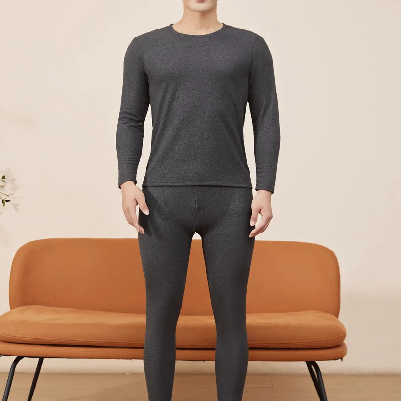 Large Size Xl Men Solid Warm Non-marking Cashmere Silk Thermal Underwear Set Winter Padded Thickened Autumn Clothes and Trousers