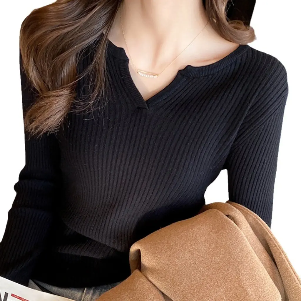 

Women's Slim Fit V-Neck Long Sleeve Inner Sweater Top Spring Autumn Western Style Bottoming Shirt