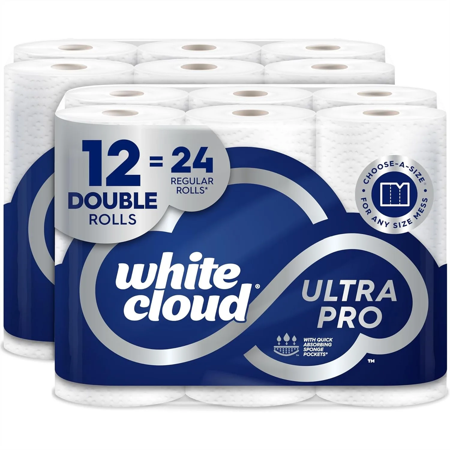 

Ultra Absorbent Paper Towel, Choose-a-Size Sheets, 2 Packs of 6 Double Rolls = 24 Regular Rolls