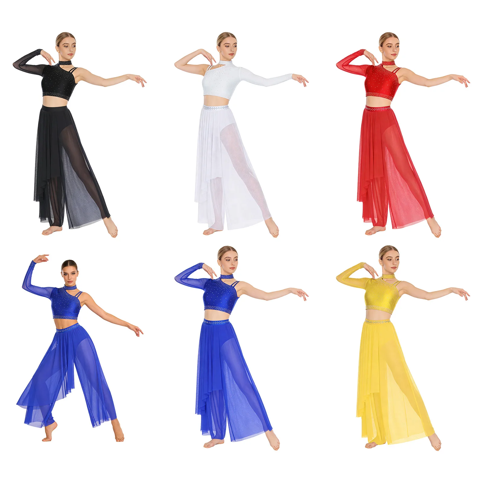Women Shiny Rhinestone Modern Lyrical Dance Crop Tops with Pants Built-in Briefs Skating Gymnastics Ballet Performance Dancewear