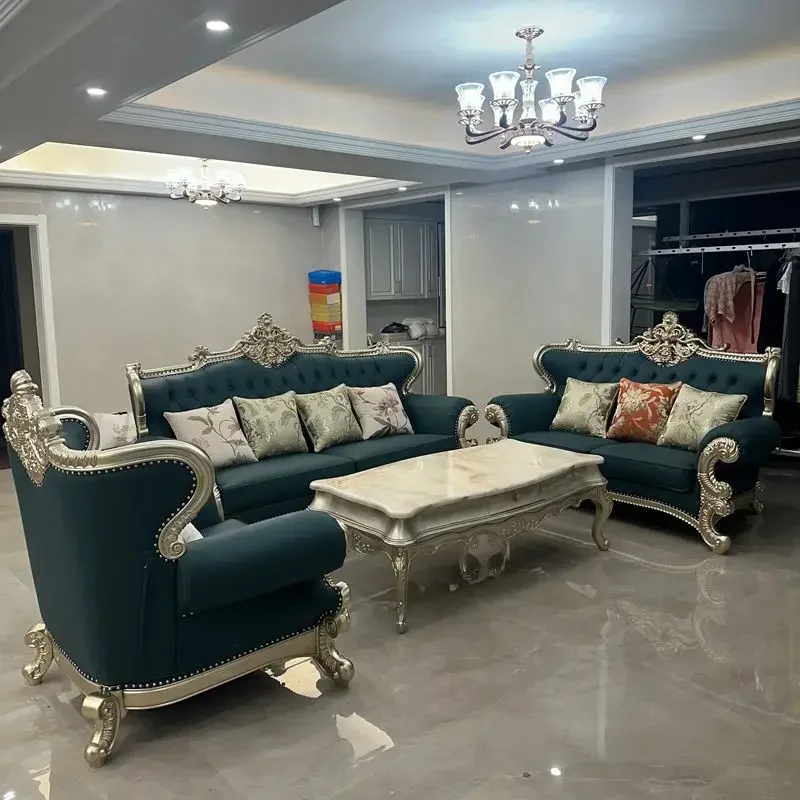 American style leather sofa 123 combination villa large living room light luxury solid wood carved neoclassical furniture