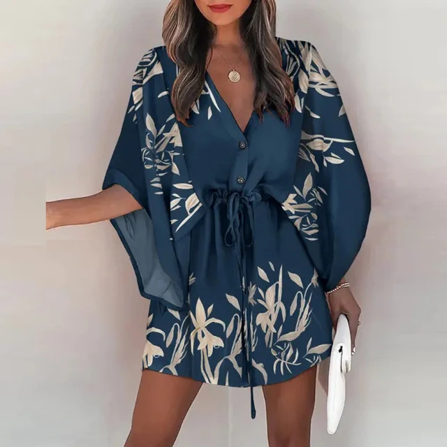 Women Casual Loose Dress Beach Boho Dress Fashion Vintage Print V Neck Drawstring Mini Dress Summer Dresses Robe Femme 2022
