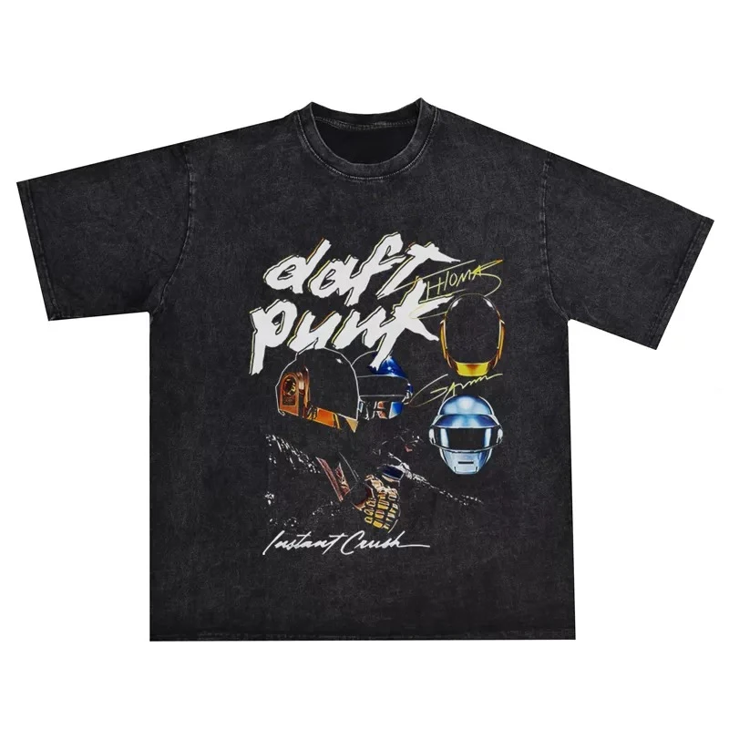Daft Punk Instant Crush Autograph Graphic Washed T-Shirt Cotton Men Women Streetwear Tee