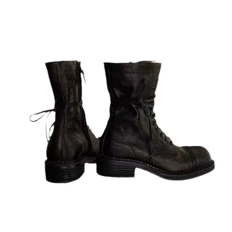 Meotina Women Ankle Boots Round Toe Thick Mid Heels Lace-up Zipper Short Boots Concise Lady Fashion Shoes Autumn Winter Black 40 image 2