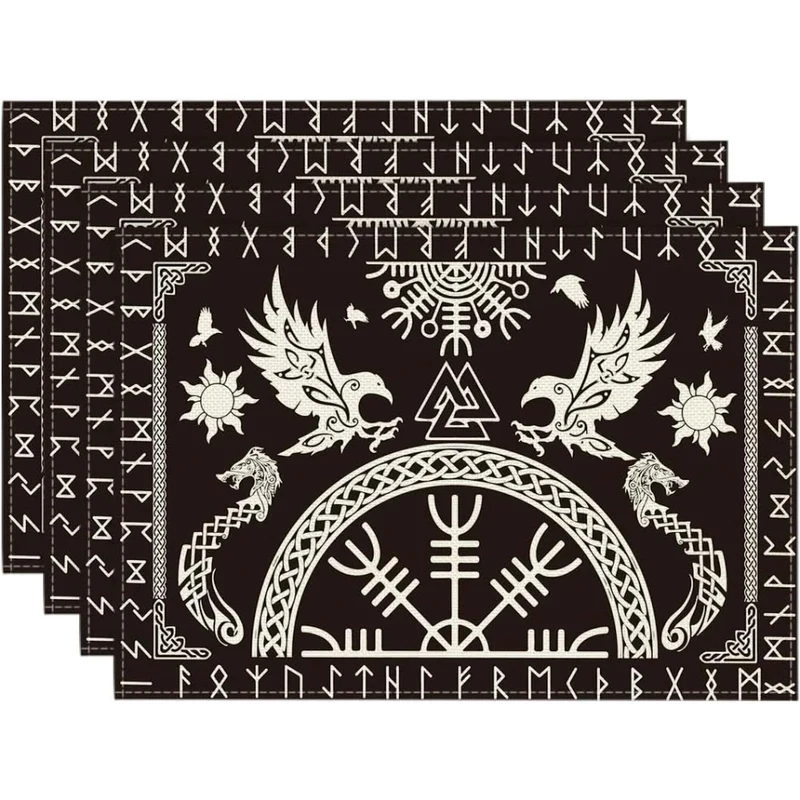 VIKAMA Black Viking Tree Raven Helmet of Awe Linen Placemats Reusable Table Mats Kitchen Dining Party Decor Supplies
