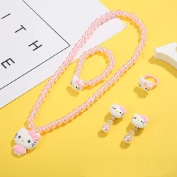 Cartoon Hello Kitty Necklace Hairclips Ring Earring Set Kawaii Sanrio Kids Hairpins Cute Girl Heart Accessories Birthday Gifts