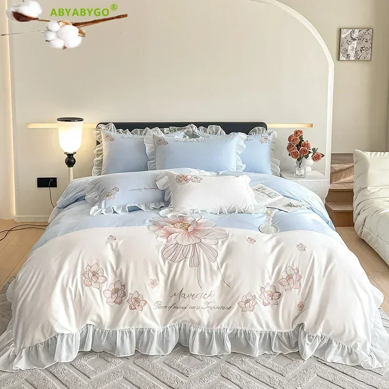 King Size Bedding Set Princess Floral Embroidery Chiffon Ruffles Pure Cotton Duvet Cover Set Bed Sheet and Pillowcases Bed Sets