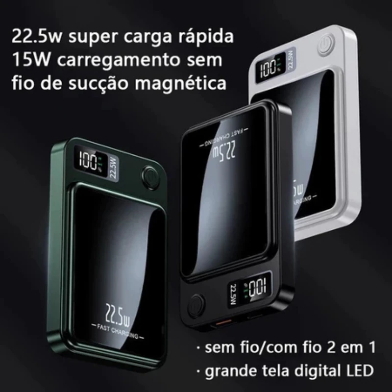 Carregador Portátil 10000mAh com Base Magnética e Display Digital, Indução Sem Fio para Smartphone