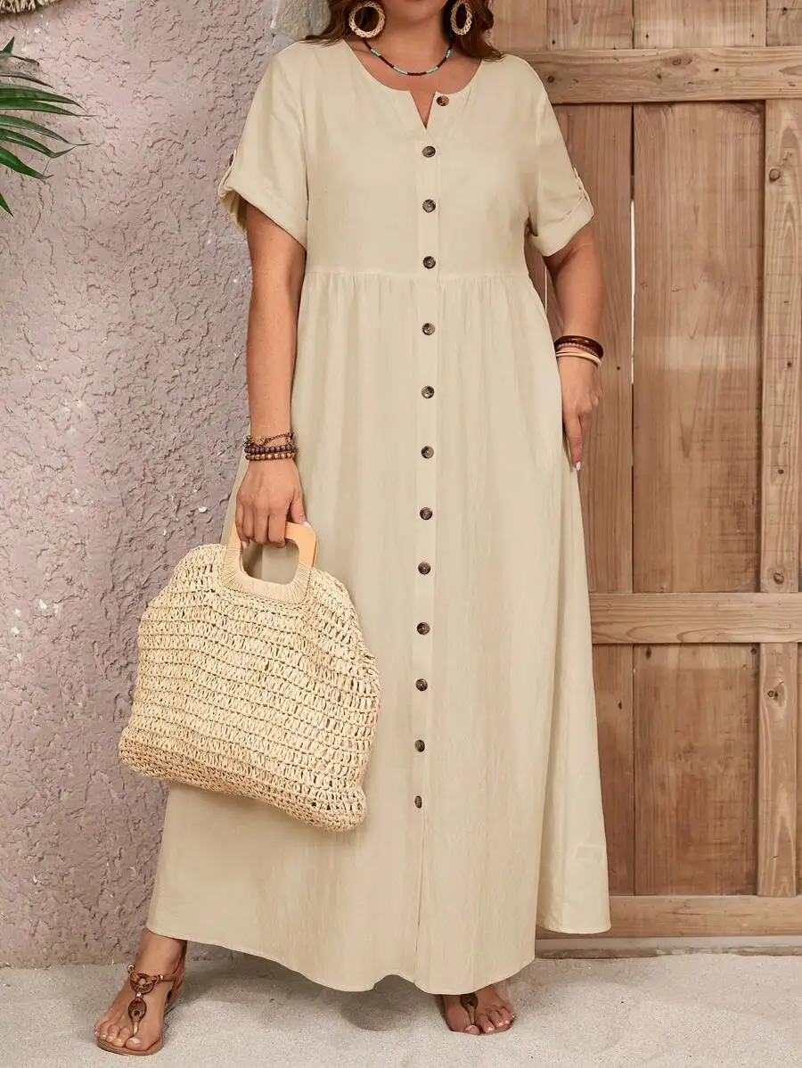 

Plus Size Summer Casual Round Neck Button Front Maxi Dress For Vacation