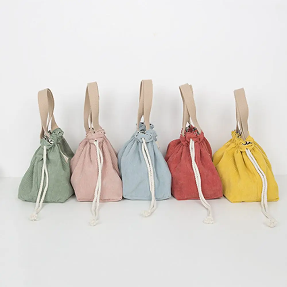Cute Canvas Thermal Dinner Container Food Storage Bags Corduroy Canvas Small Handbag Lunch Box Lunch Bag Drawstring Picnic Tote