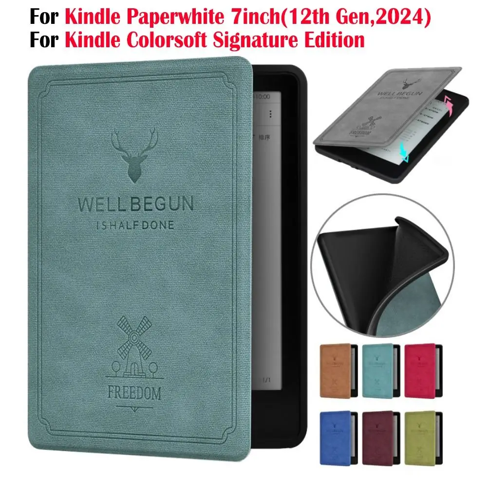 Auto Sleep/Wake Colorsoft Cover PU Leather SA568B KPW6 Protective Shell Retro for Kindle Paperwhite 2024 12th Generation 7 inch