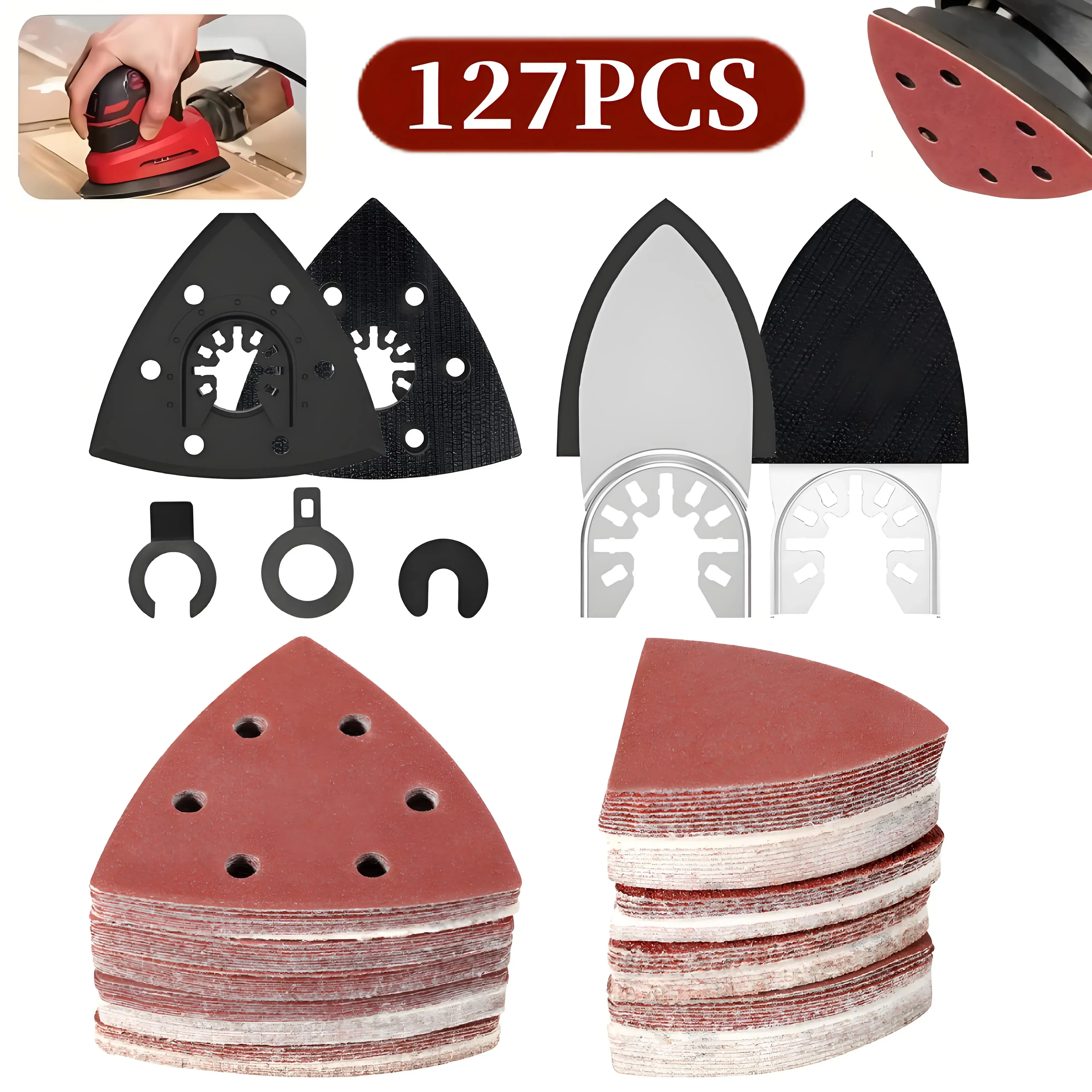 

127 шт. новый осциллирующий инструмент, универсальный набор шлифовальных подушечек, универсальный набор наждачной бумаги с треугольными пальцами, зернистость 60-320 для деревообработки