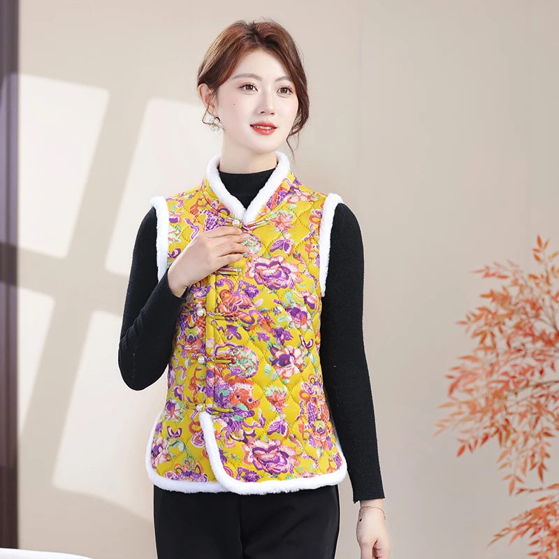 

Утепленный хлопковый жилет с цветочным узором для женщин, праздничный, для среднего возраста, зимний, теплый, с бахромой, в китайском традиционном стиле, повседневный