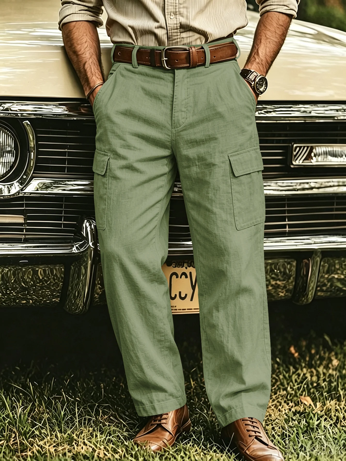 Neue Frühlings- & Herbst-Herrenhose aus Leinen, Cargo-Hose mit Mehreren Taschen, Gerade Geschnittene Lockere Outdoor-Freizeithose – Detail 5