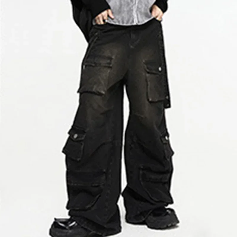 UMI MAO Wide Leg Denim Men\'s 2024 Summer American High Street Multi Pocket Jeans Loose Hip Hop Straight Handsome Pants