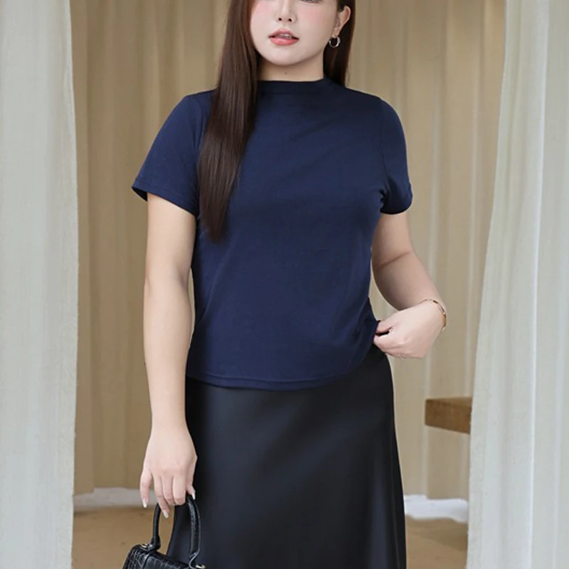 

Женская футболка больших размеров премиум-класса с воротником-стойкой и короткими рукавами, однотонные футболки в стиле ретро, лето-осень 8879