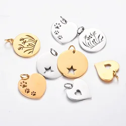 Stainless Steel Hollow Charms Dog Claw Heart Star Flower Grass Polished Small Pendant With Circle Diy Necklace Pendant,1 Piece