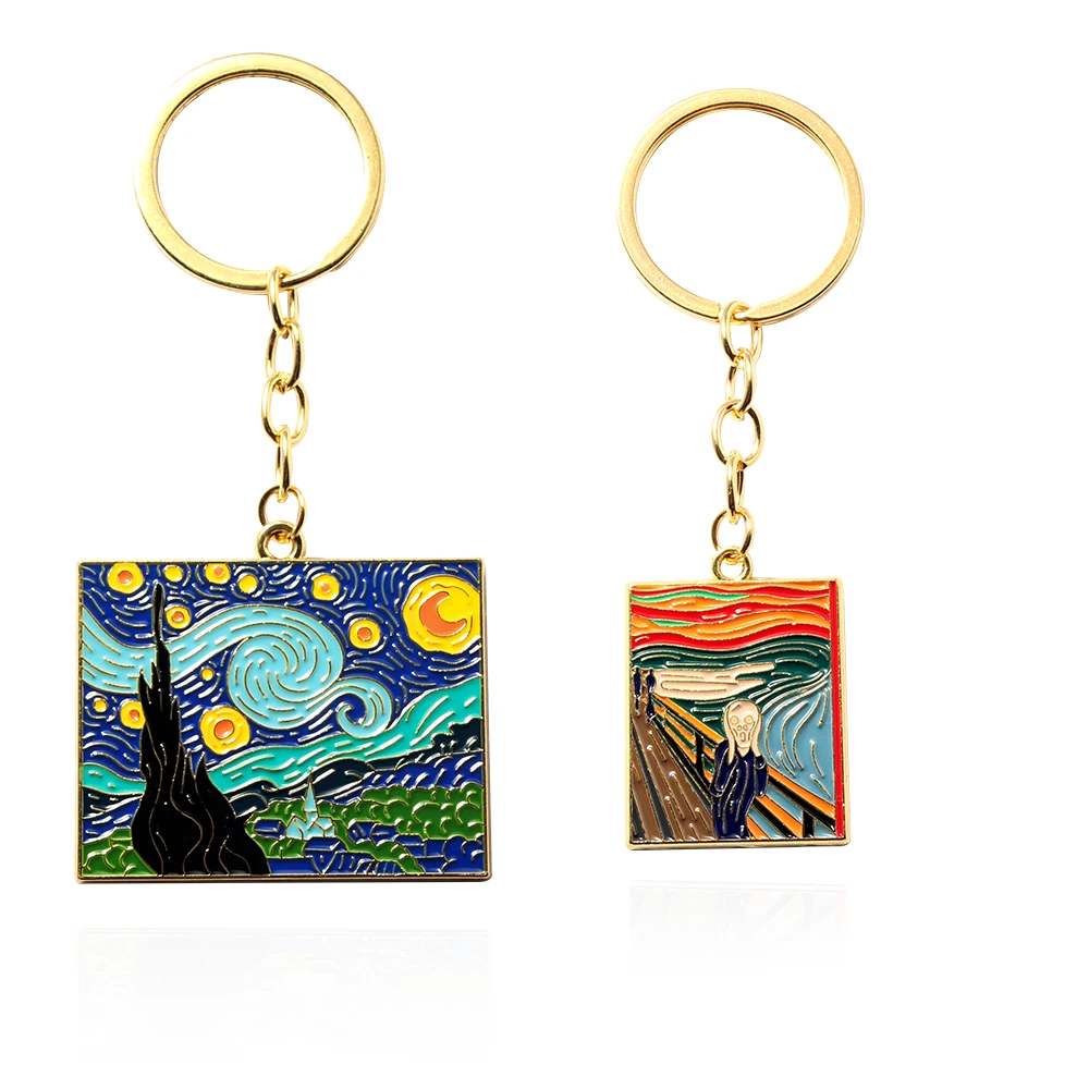 The Starry Night Oil Painting Keychain Van Gogh Art Collection Key Chain for Women Men Car Keyring Jewelry