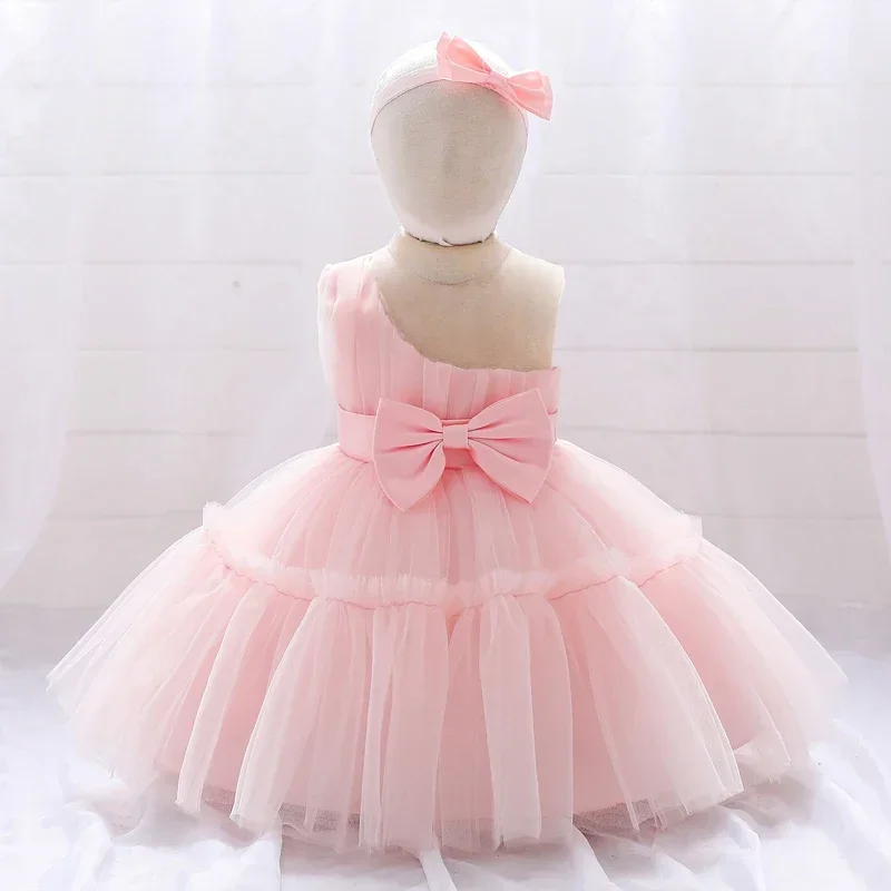 Baby Girl Princess Dress 1st Birthday Party Dress One-shoulder Bow Tulle Gala Gown 12 Month Newborn Girls Pageant Baptism Dress