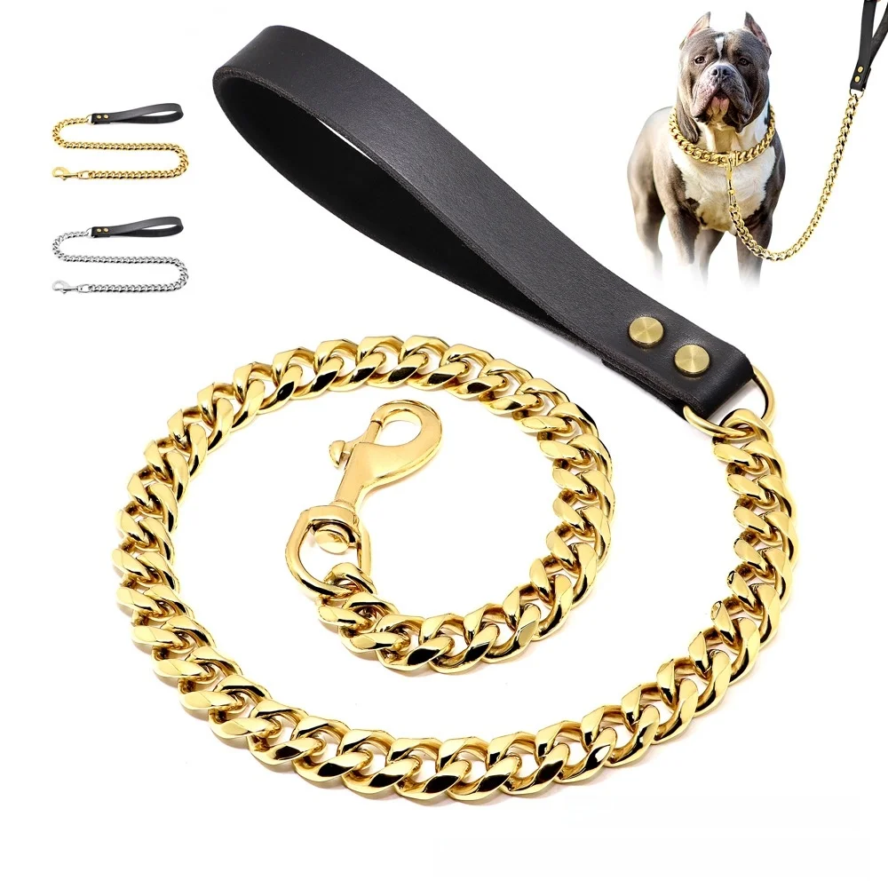 

Rarewe Gold Chain Pet Star Dog Collar Hardware Heavy Duty Stainless Steel Pet Cuban Link 19MM Width Dog Leash