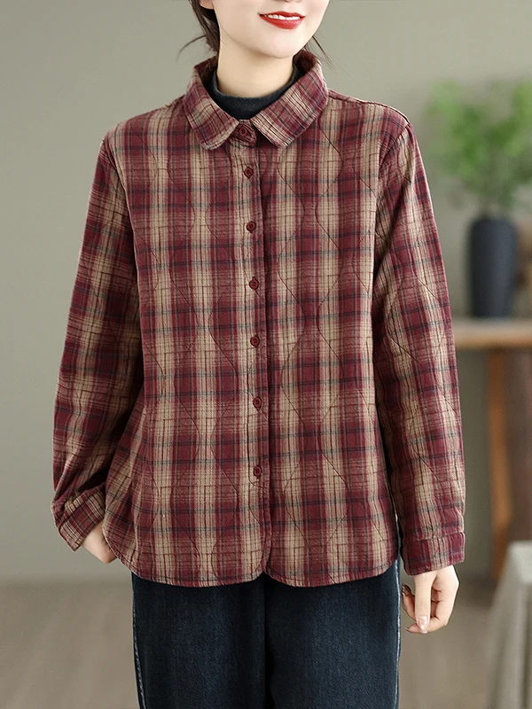 Retro Pure Cotton Plaid irt Women's Loose Fit Casual Long Sve Outerwear Autumn New Sle Slimming Versatile Coat