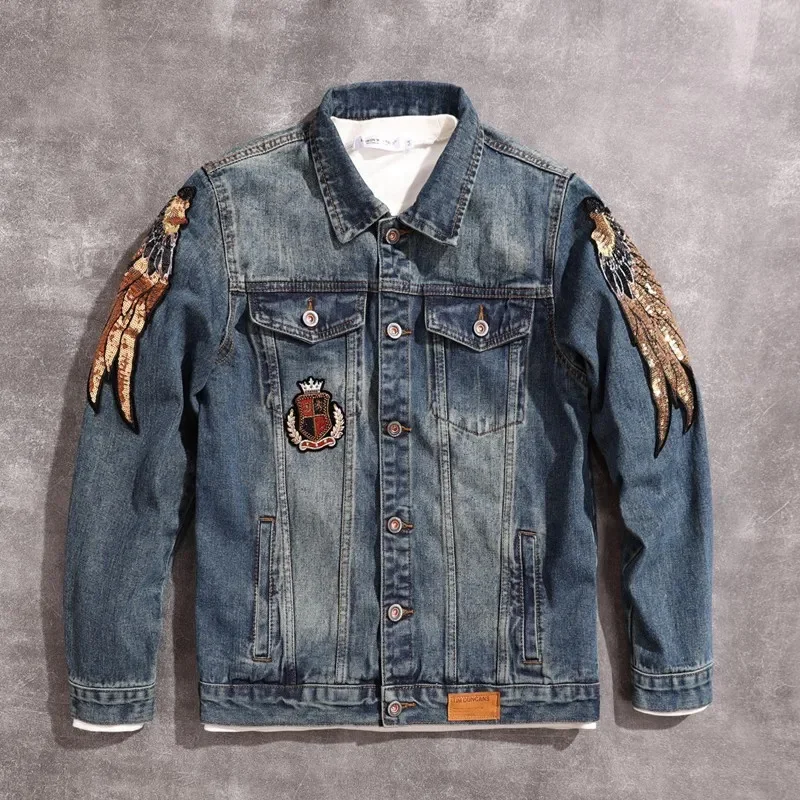 2025 new personalized sequins design men's denim jacket [Owl] embroidery fashion Trendy loose versatile tops