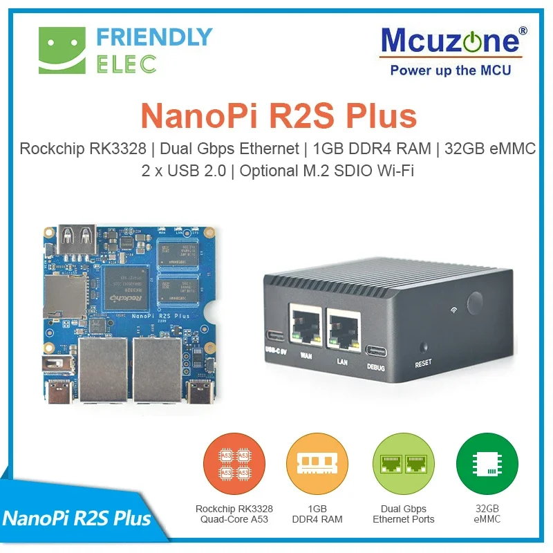 NanoPi-R2S Plus Rockchip RK3328, Ethernet Dual Gbps, 1GB de RAM DDR, 32GB eMMC, 2 * USB2.0, opcional M.2 SIM