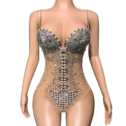 Women Singer Dancer Performance Dance Costume Stage Wear Sexy Mesh See Through Rhinestones Bodysuit Photography Leotard