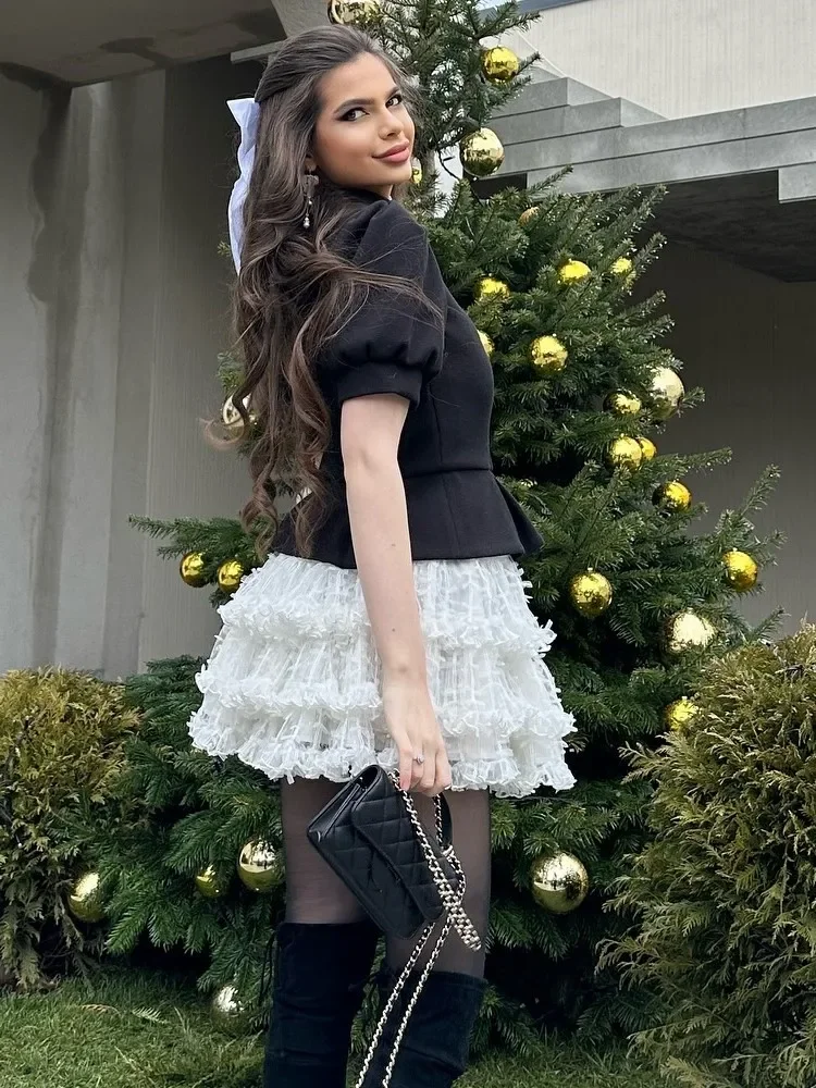 Malha renda pompadour vestido em camadas retalhos lanterna manga fino ajuste falso duas peças feminino fofo vestidos curtos gaze vestido de festa