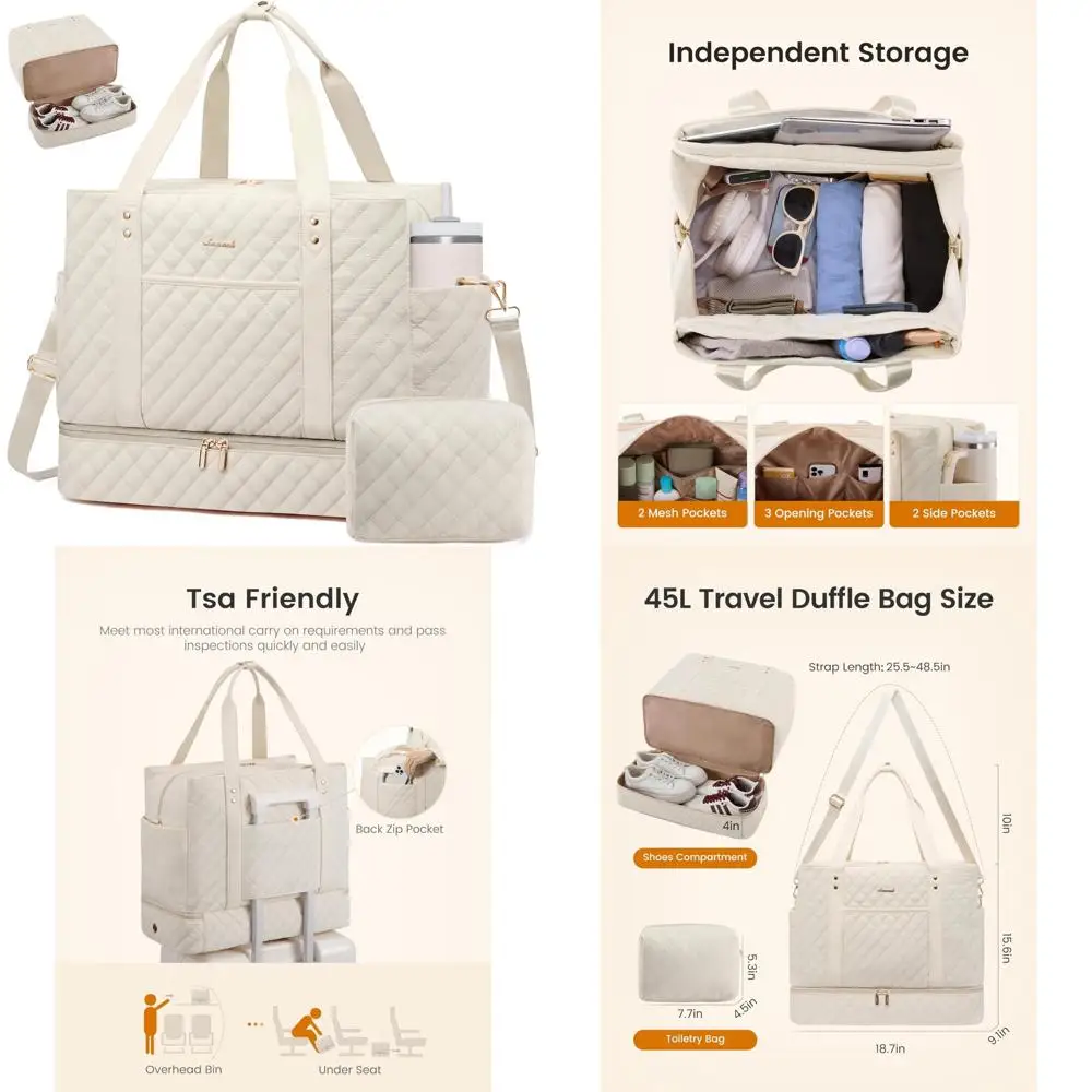 

Women's 45L Large Weekender Duffle Bag - Quilted Carry-On Personal Item with Shoe Compartment and Wet Pocket for Travel