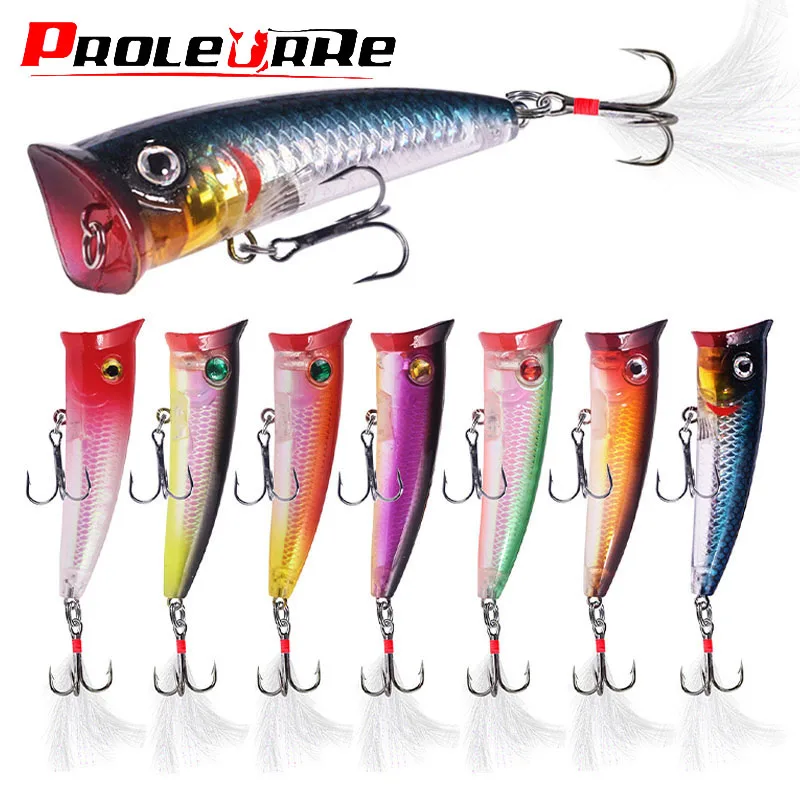 

1 Pcs Top water Fishing Lures 7.5cm 10.5g Popper Wobblers With Feather Hooks Artificial Bait for Bass Pike Catfish Pesca Poper