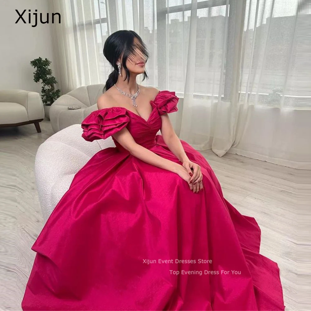 Xijun Fuschia Satin A Line Evening Dresses Cap Sleeves Prom Dresses Saudi Arabic Prom Gowns Floor Length Prom Dresses For Women