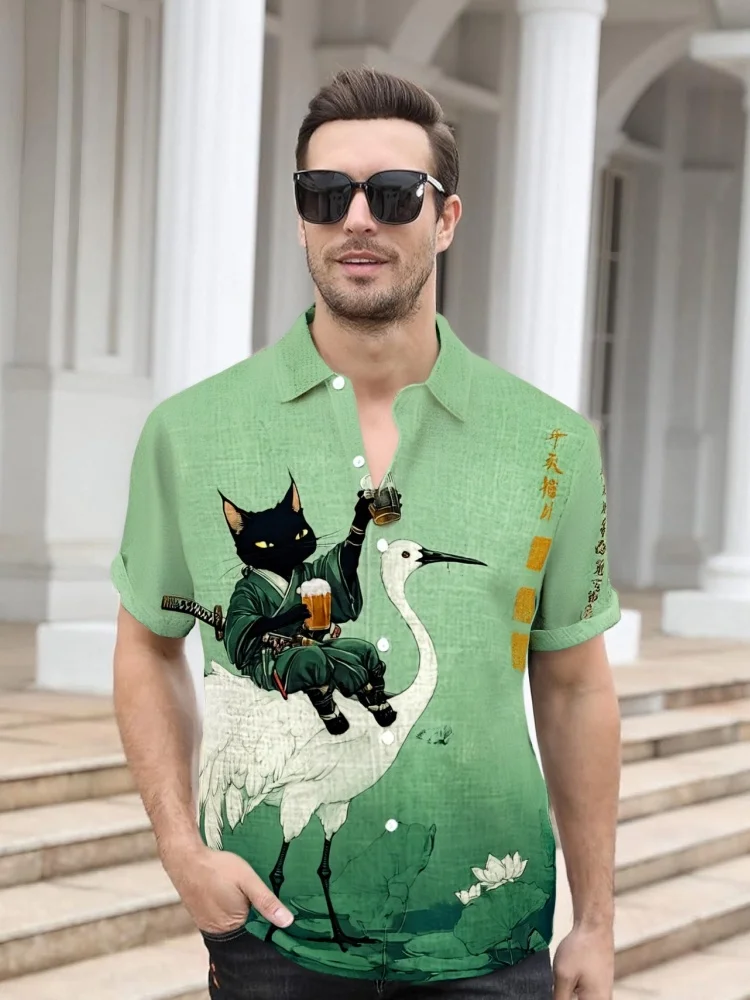 Men's Retro Calligraphy Art Black Cat And Crane Print Short Sleeve Shirt Vintage Harajuku Green Blouse Fashion Lapel Collar Tops