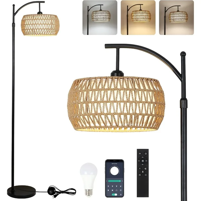 

Arc Floor Lamp with Remote Control, Dimmable LED Floor Lamp with 3 Color Temperature, Black Standing Lamp with Rattan